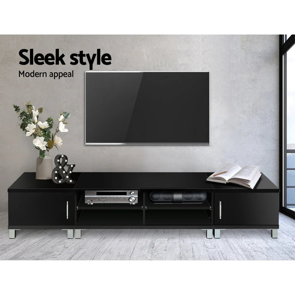 Black 190cm entertainment unit with long media cabinet and tapered base rail