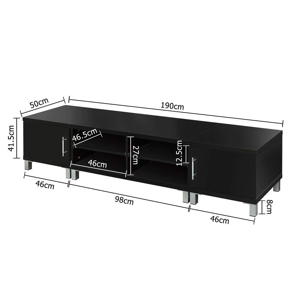 Black 190cm entertainment unit with ribbed front panels and slim black handles