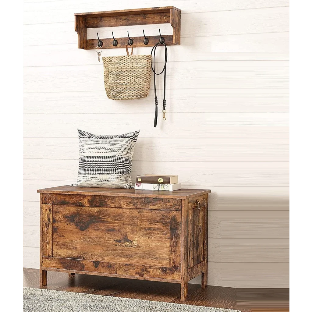 Entryway Storage Bench Wooden Sturdy with Safety Hinge