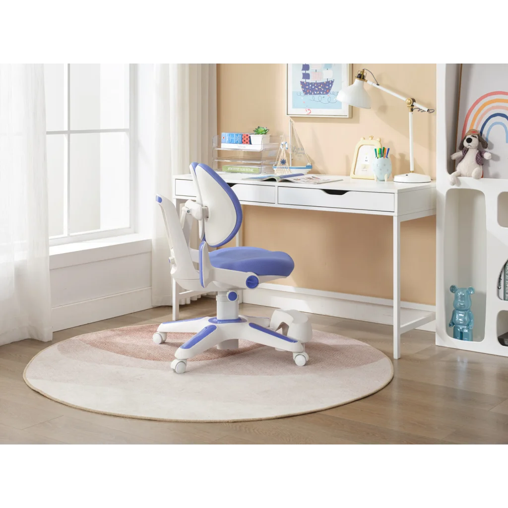 Blue ergonomic children study with component details and storage context