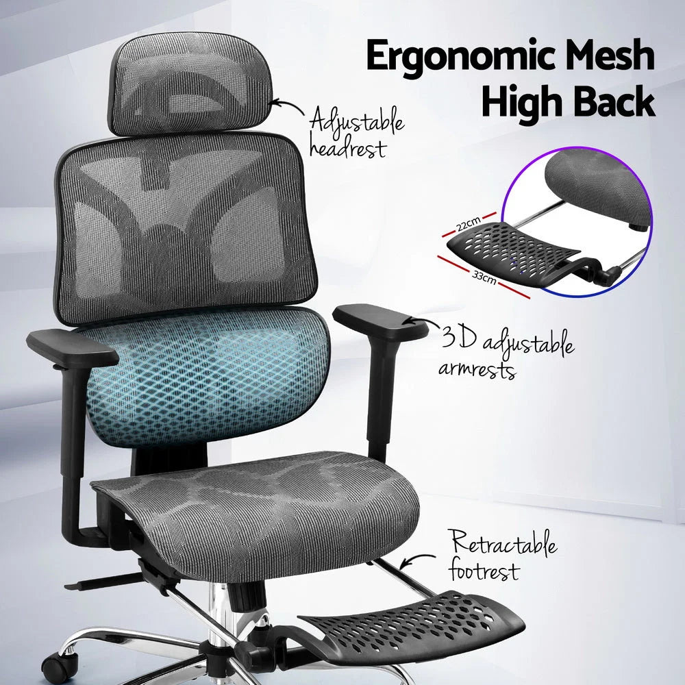 Ergonomic Office Chair with Footrest - Grey - Furniture