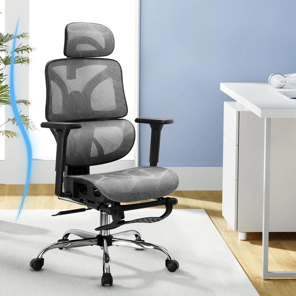 Ergonomic Office Chair with Footrest - Grey - Furniture
