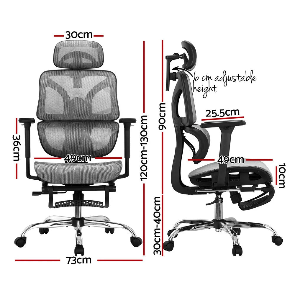 Ergonomic Office Chair with Footrest - Grey - Furniture
