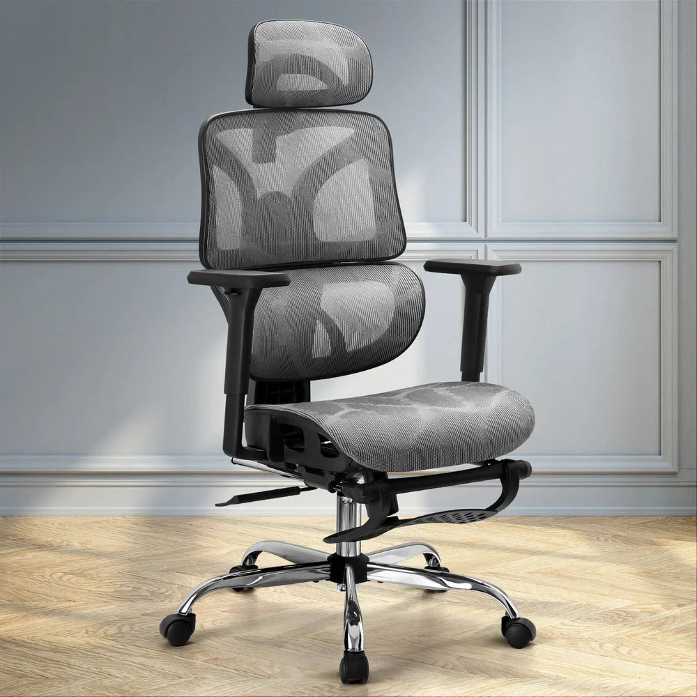 Ergonomic Office Chair with Footrest - Grey - Furniture