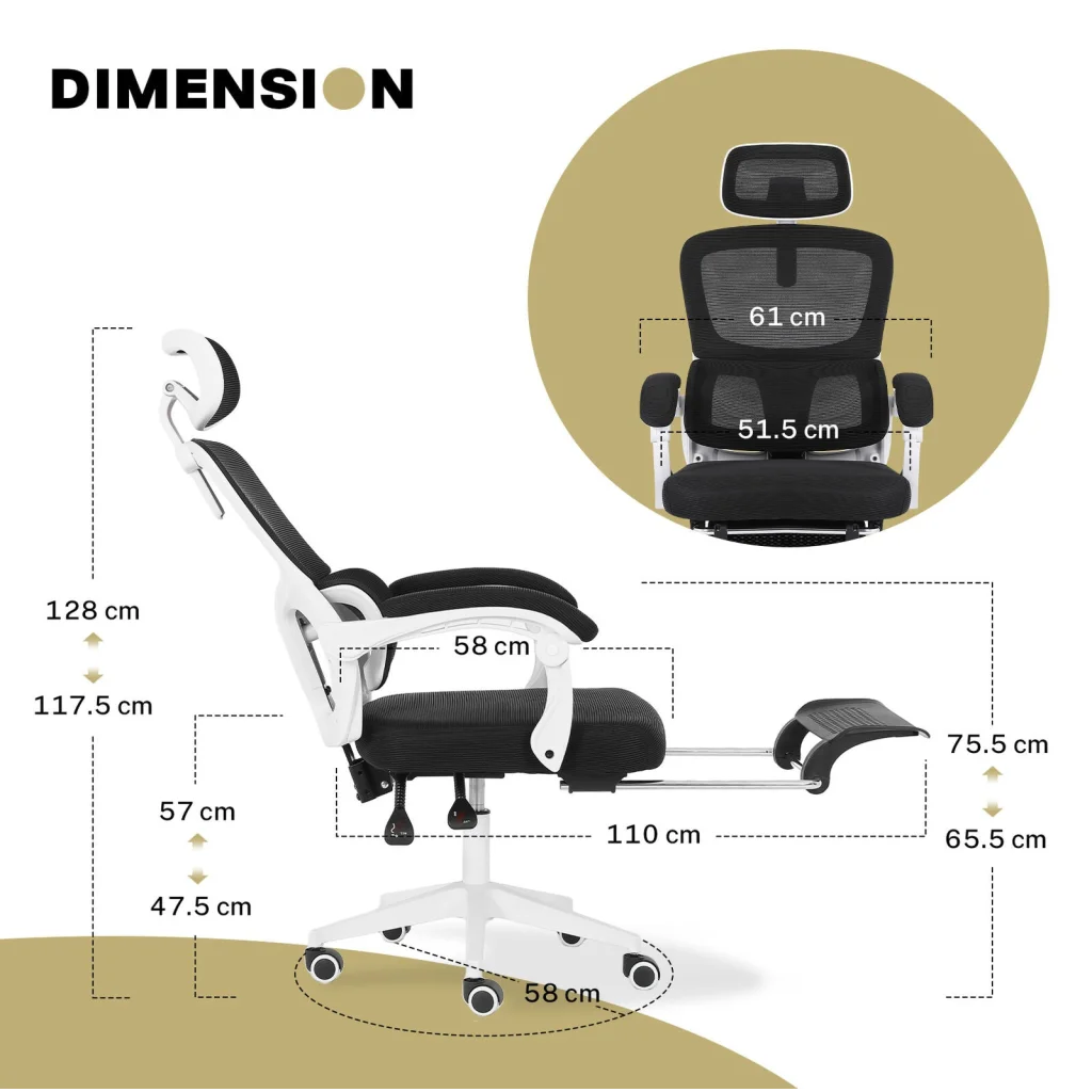 Ergonomic Reclining Office Chair - Footrest Lumbar Support