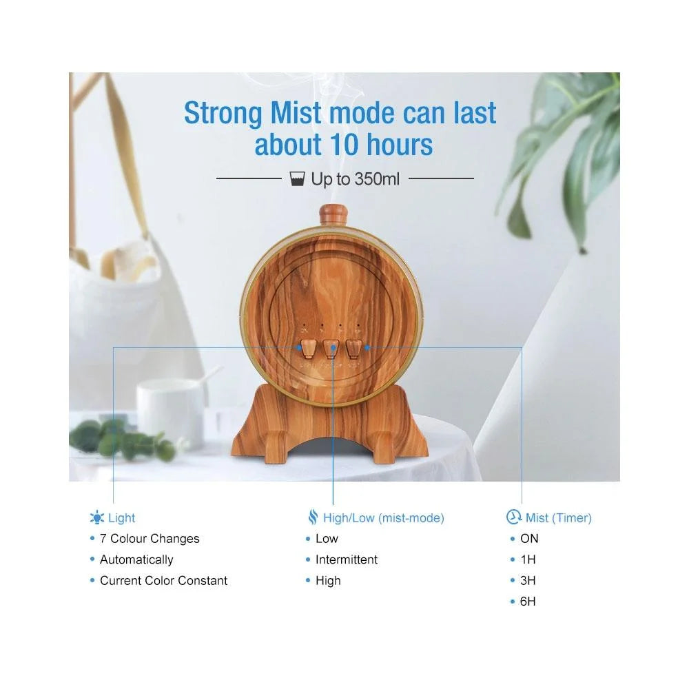 Essential Oil Aroma Diffuser 350ml Barrel Wood Ultrasonic