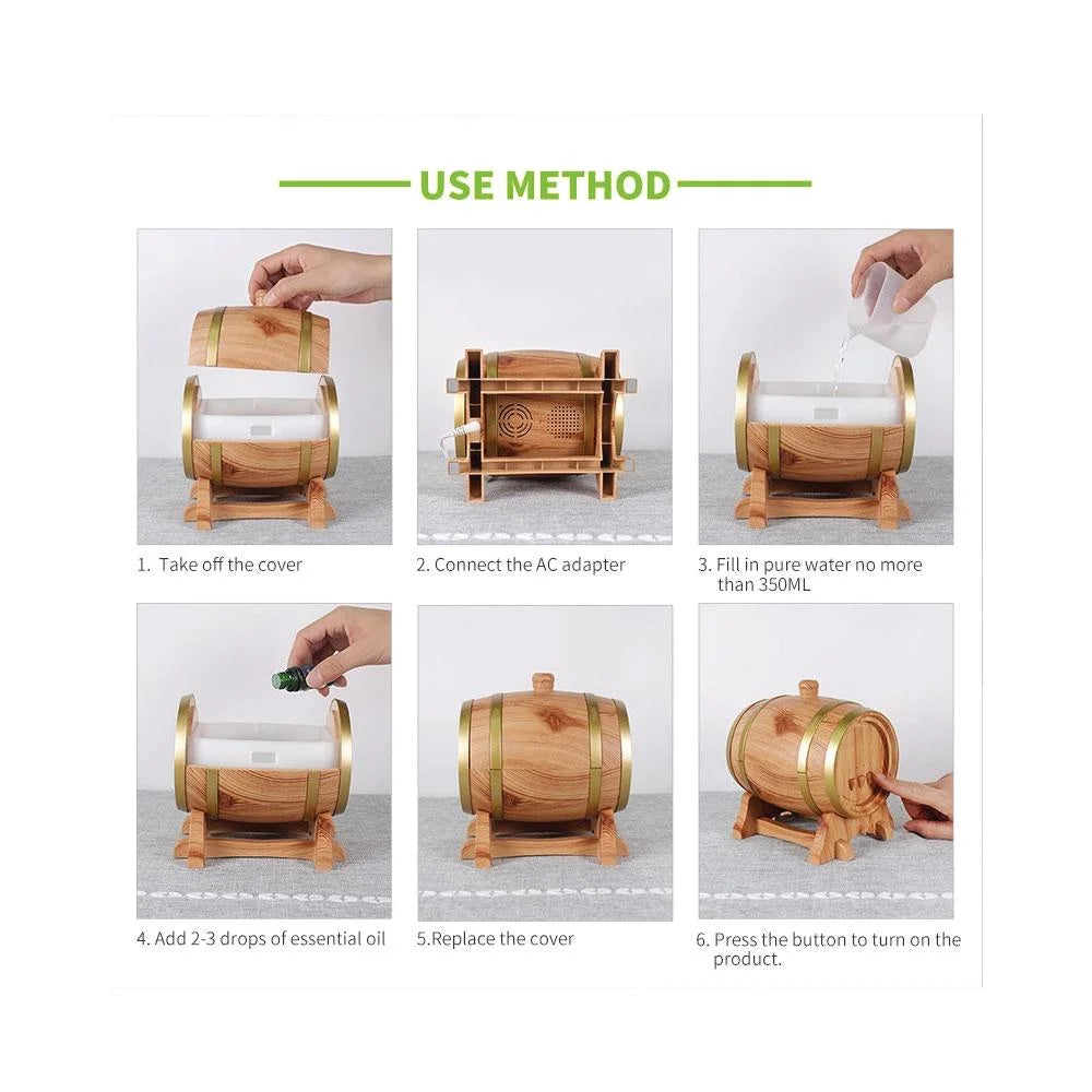 Essential Oil Aroma Diffuser 350ml Barrel Wood Ultrasonic