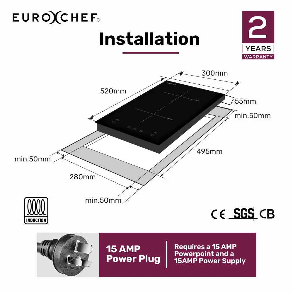 EuroChef 30cm 2 Zone Induction Cooktop 3300W Electric Touch