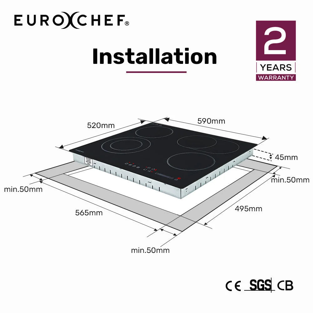 EuroChef 60cm 4 Zone Ceramic Cooktop 6600W Electric FlexiZone