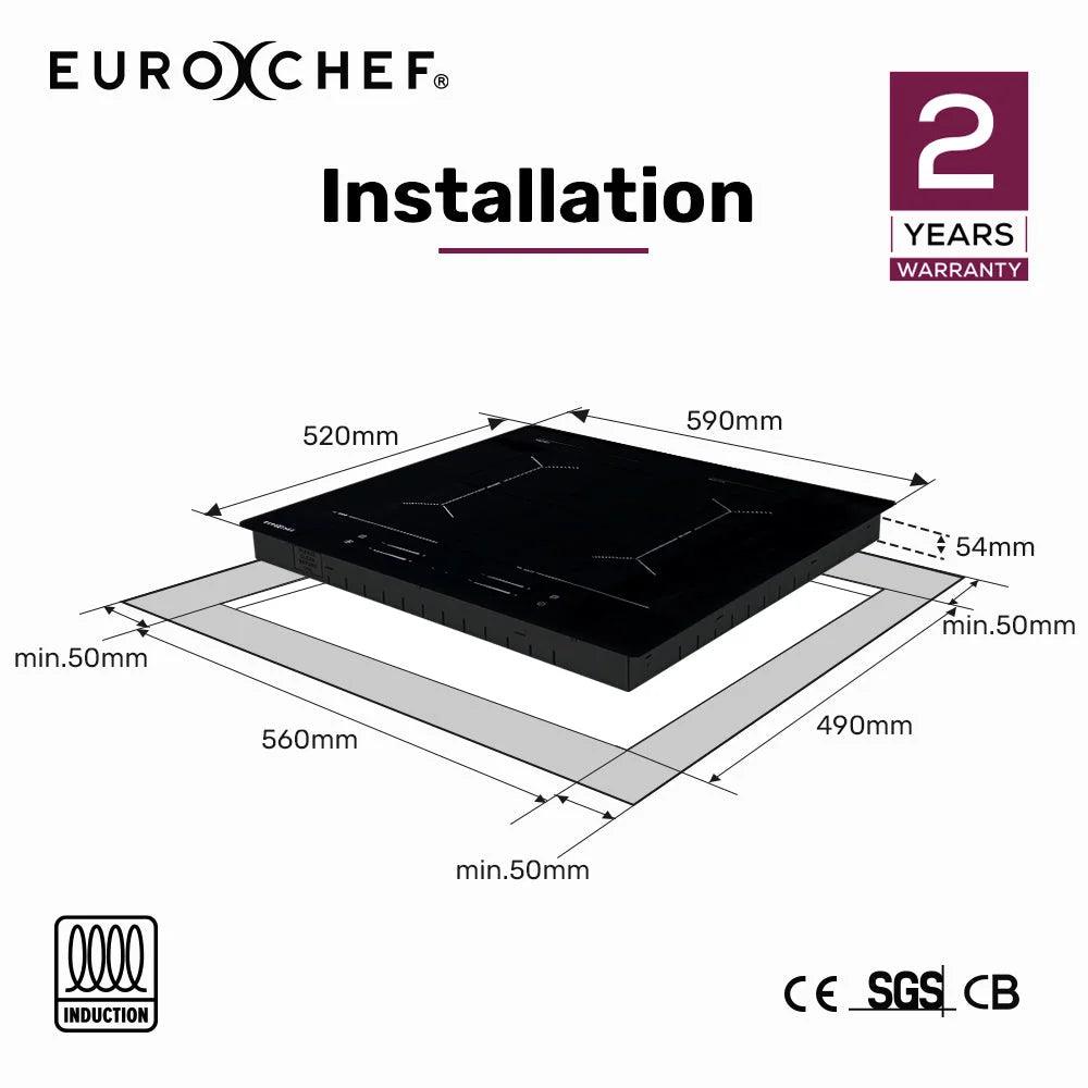 EuroChef 60cm 4 Zone Induction Cooktop 7200W Electric Dual