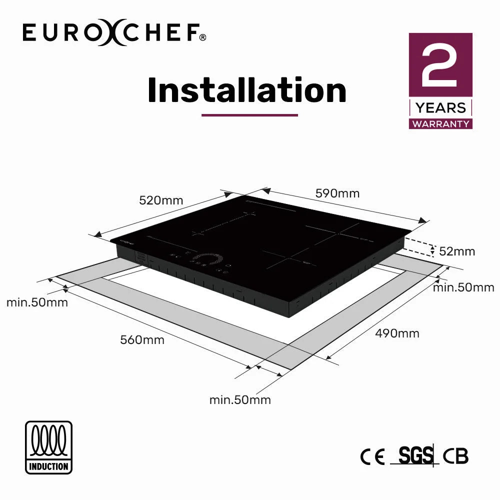 EUROCHEF 60cm 4 Zone Induction Cooktop 7200W Electric