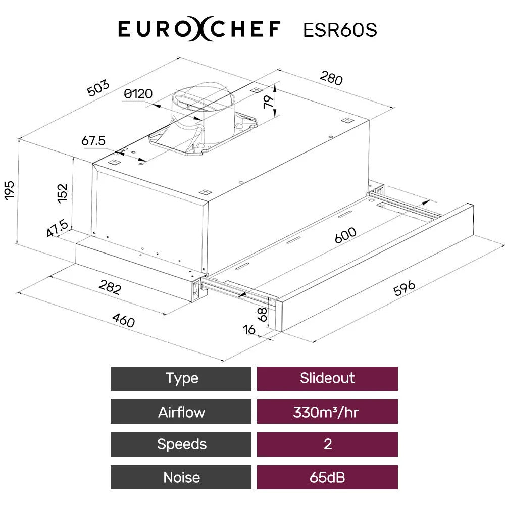 EUROCHEF 60cm Slideout Stainless Steel Rangehood Quiet