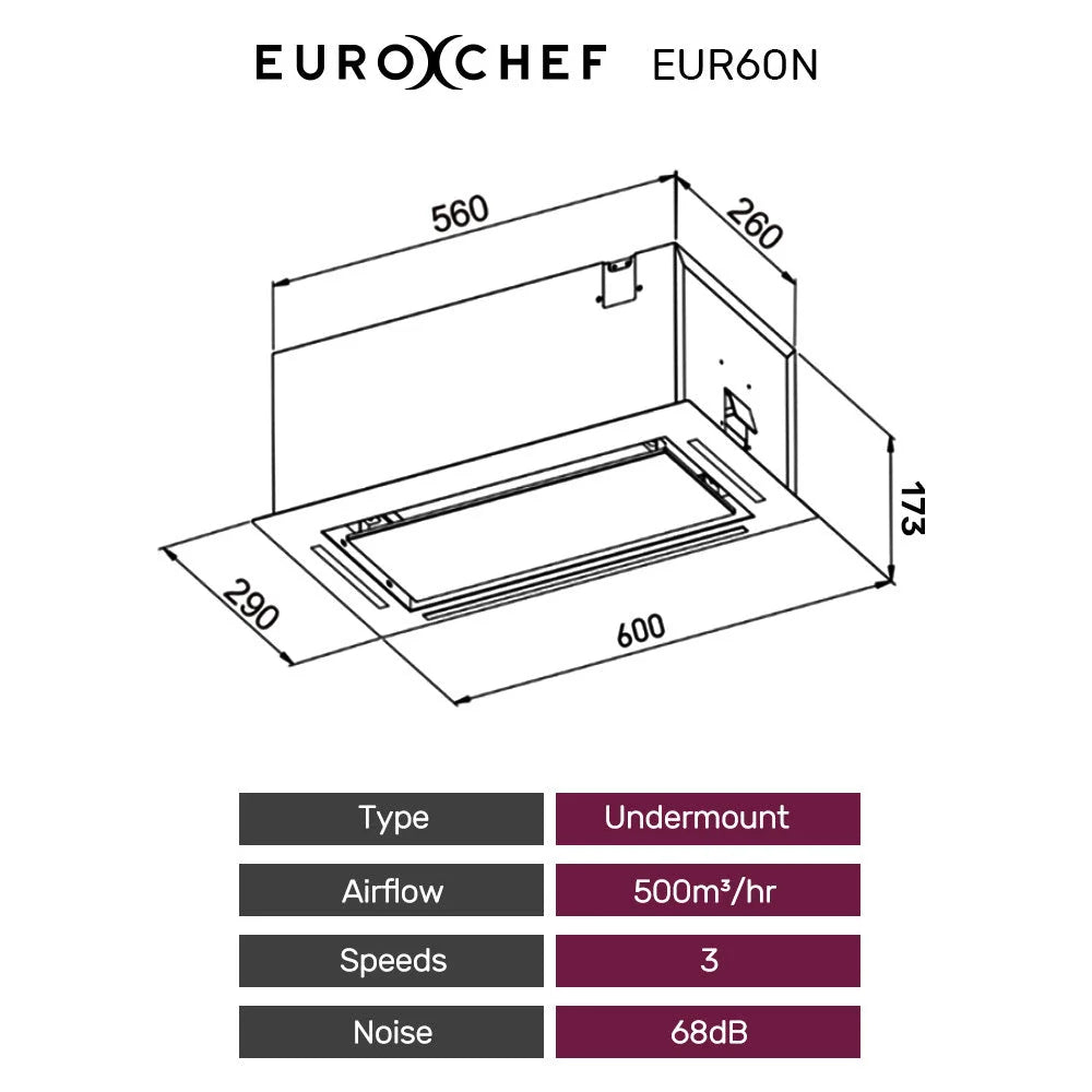 EUROCHEF 60cm Undermount Rangehood Silver Quiet