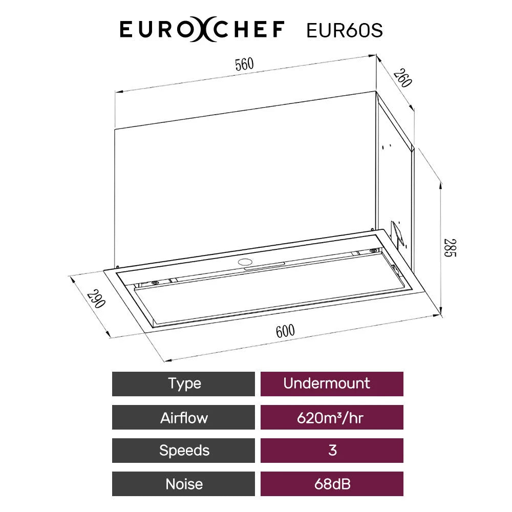 EUROCHEF 60cm Undermount Rangehood Stainless Steel Quiet