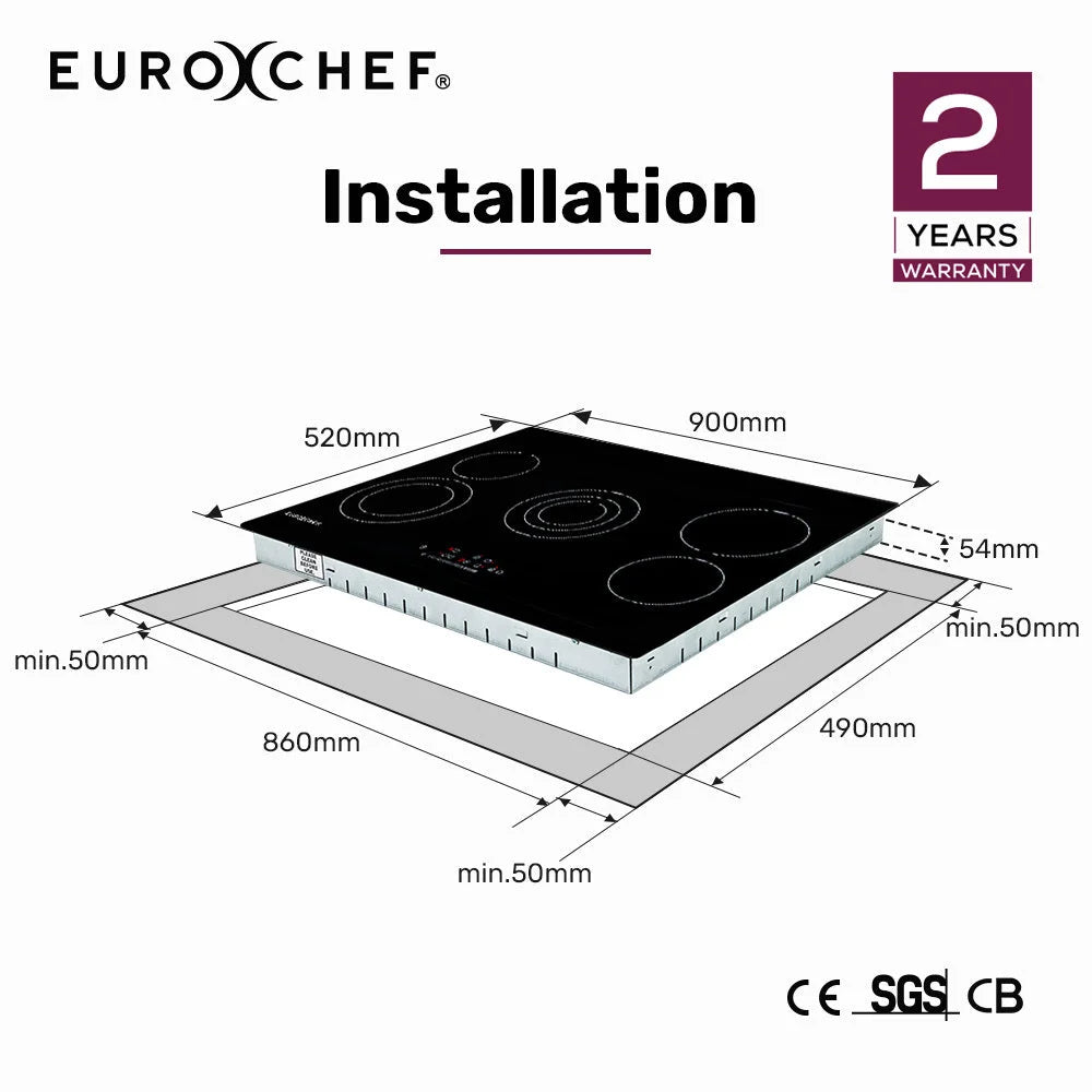 EuroChef 90cm 5 Zone Ceramic Cooktop 8900W Electric FlexiZone