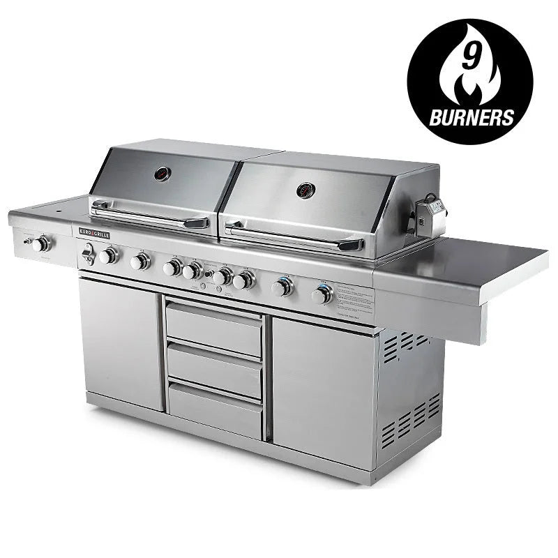 EuroGrille 9 Burner Outdoor BBQ Grill Barbeque Gas