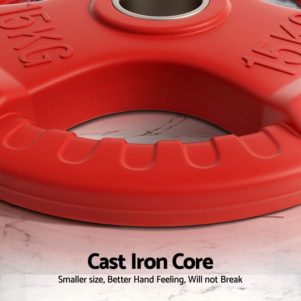 Red everfit weight plates with matching accessories and clear item layout