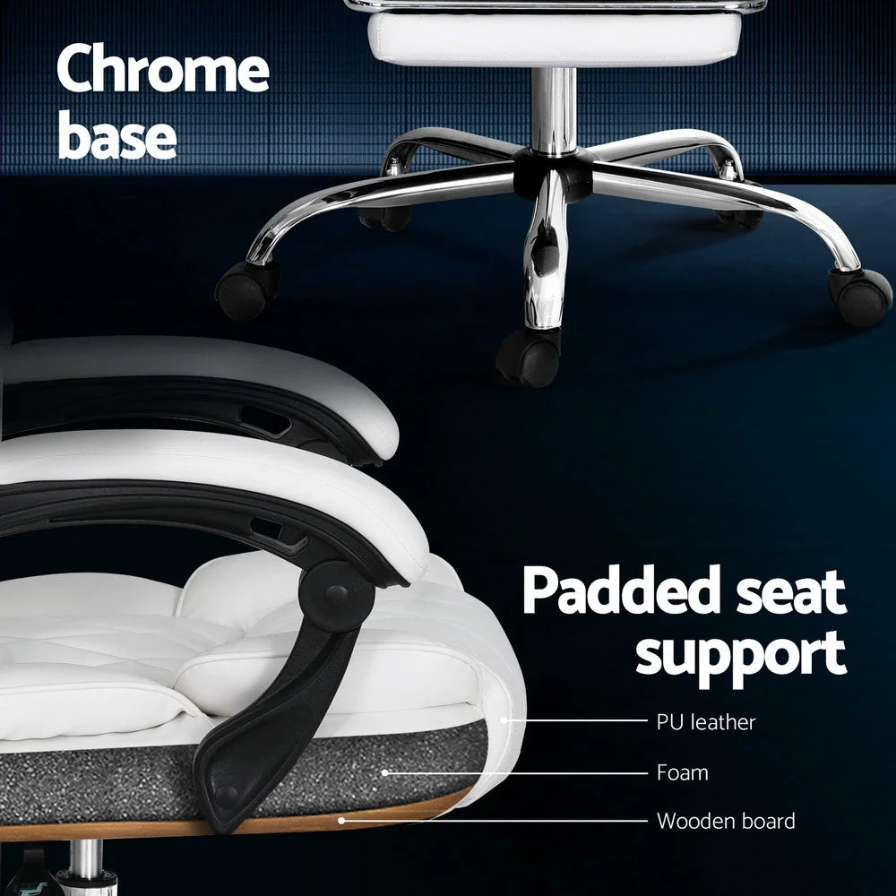 Executive Office Chair Leather with Footrest - White