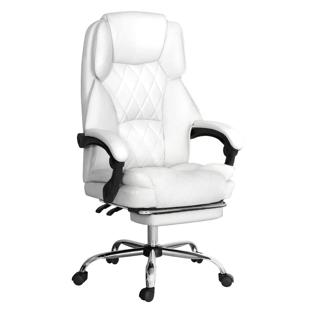 Executive Office Chair Leather with Footrest - White
