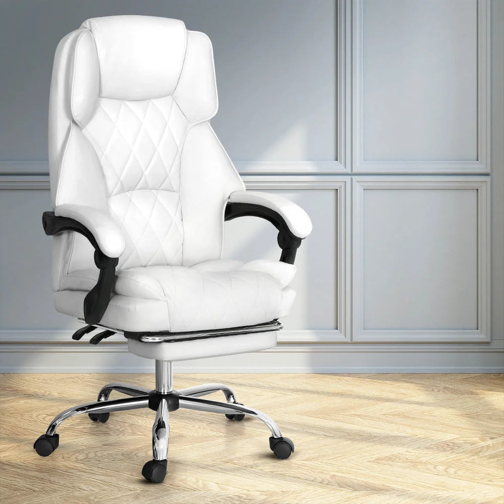 Executive Office Chair Leather with Footrest - White