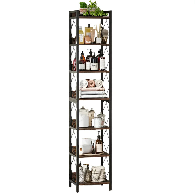 Extra Tall Skinny Bookcase 78.7 Inch 7-Tier - Rustic Brown