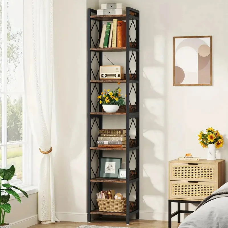 Extra Tall Skinny Bookcase 78.7 Inch 7-Tier - Rustic Brown