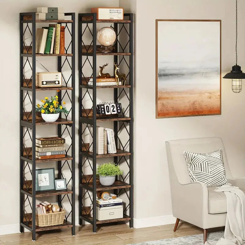 Extra Tall Skinny Bookcase 78.7 Inch 7-Tier - Rustic Brown