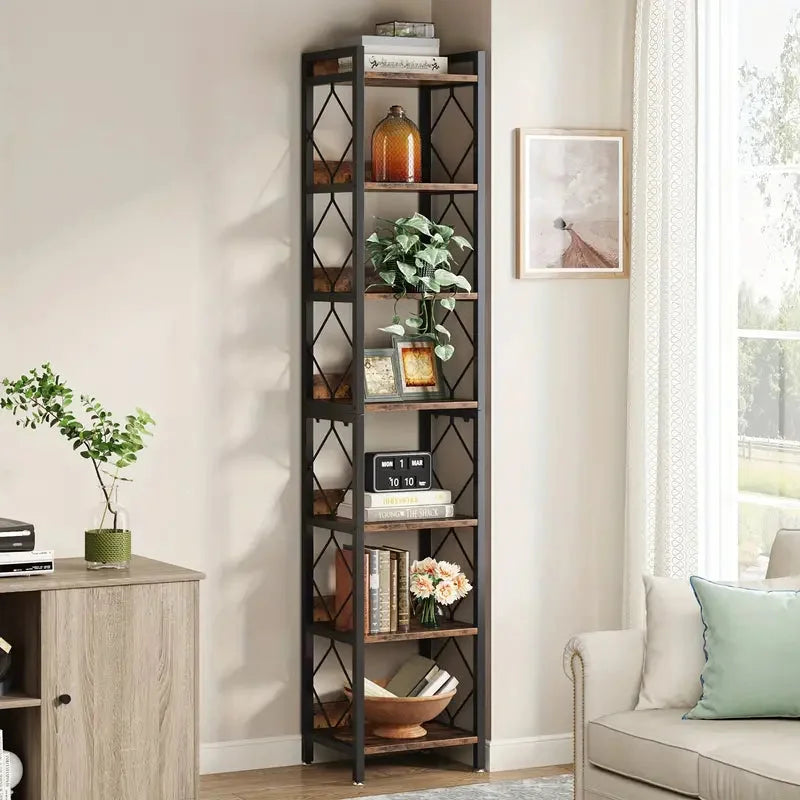 Extra Tall Skinny Bookcase 78.7 Inch 7-Tier - Rustic Brown