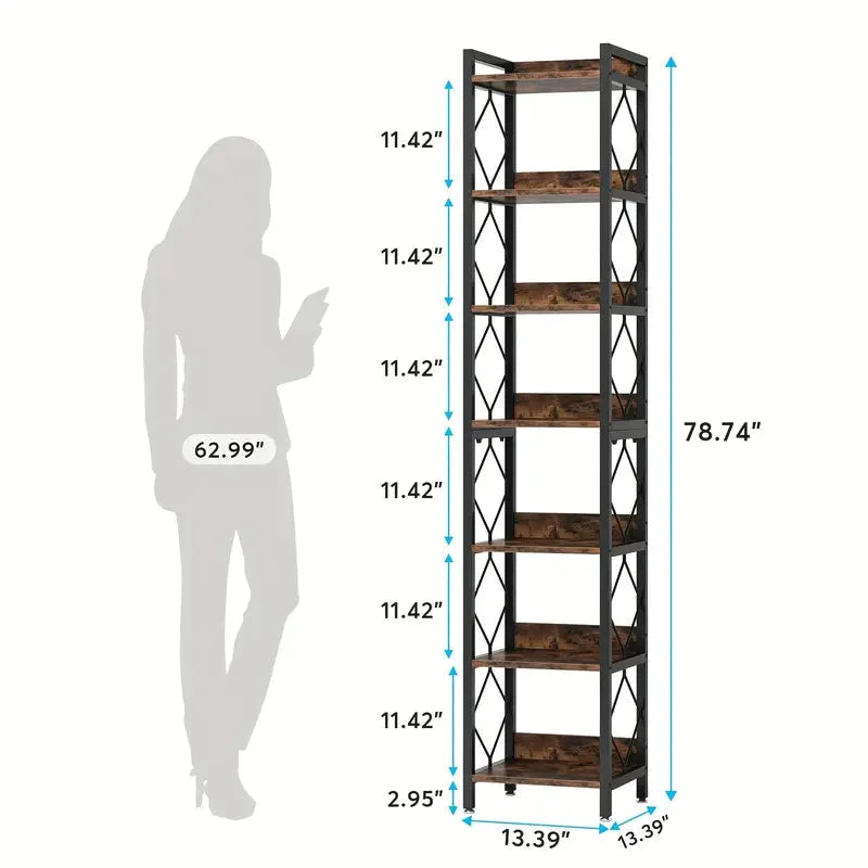 Extra Tall Skinny Bookcase 78.7 Inch 7-Tier - Rustic Brown