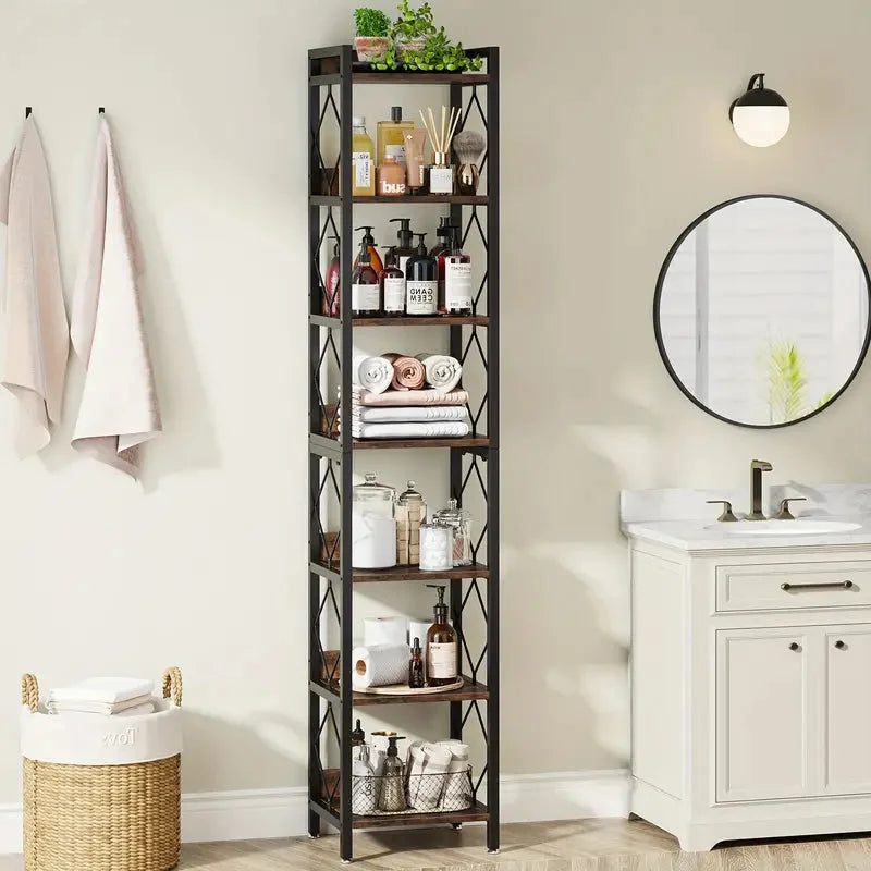 Extra Tall Skinny Bookcase 78.7 Inch 7-Tier - Rustic Brown