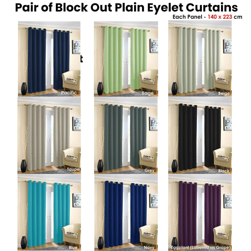 Eyelet Curtains Blockout Plain Blue Pair - Home & Garden