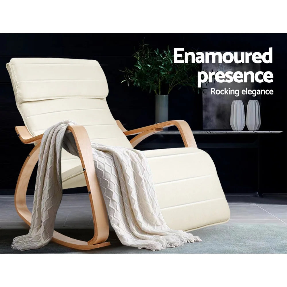 Fabric Rocking Armchair with Adjustable Footrest - Beige