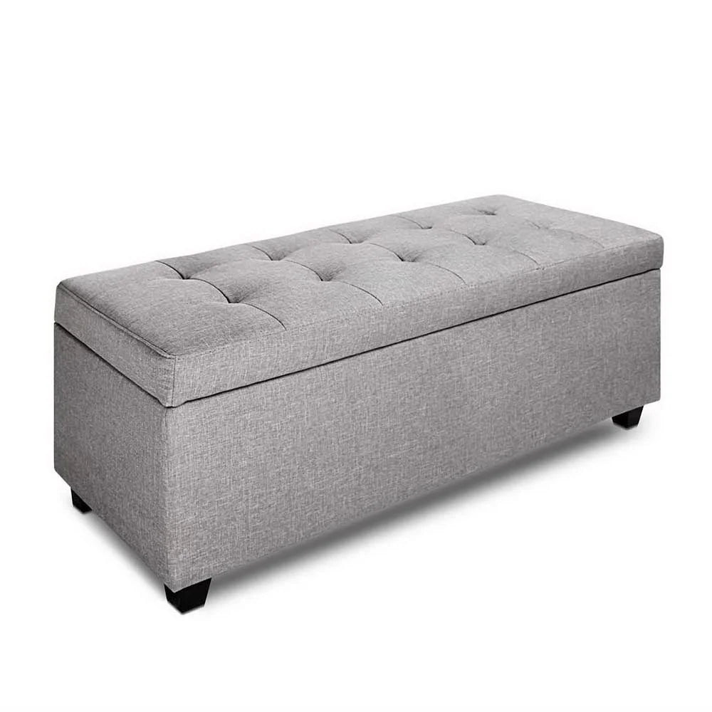 Grey fabric storage ottoman large with light faux linen foot