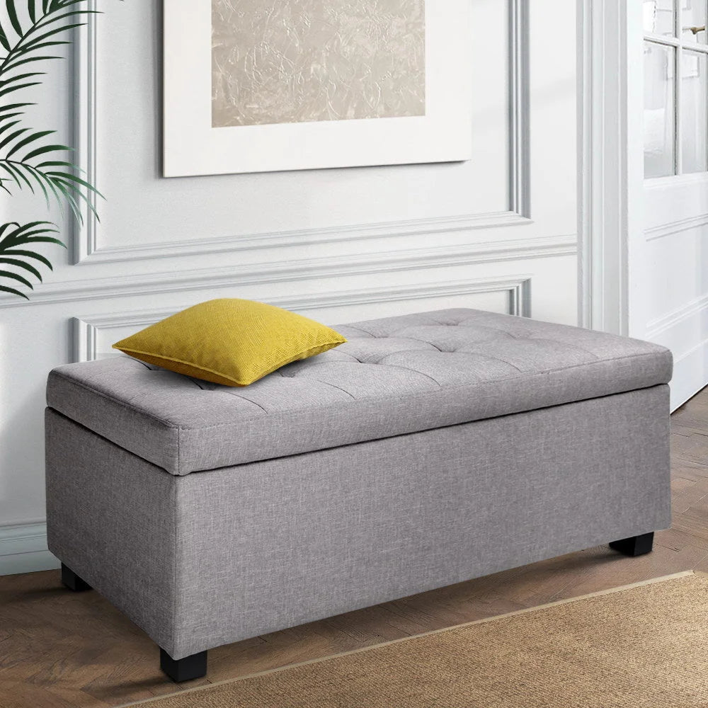 Grey Storage Ottoman Large Light Faux Linen Foot Stool Fabric