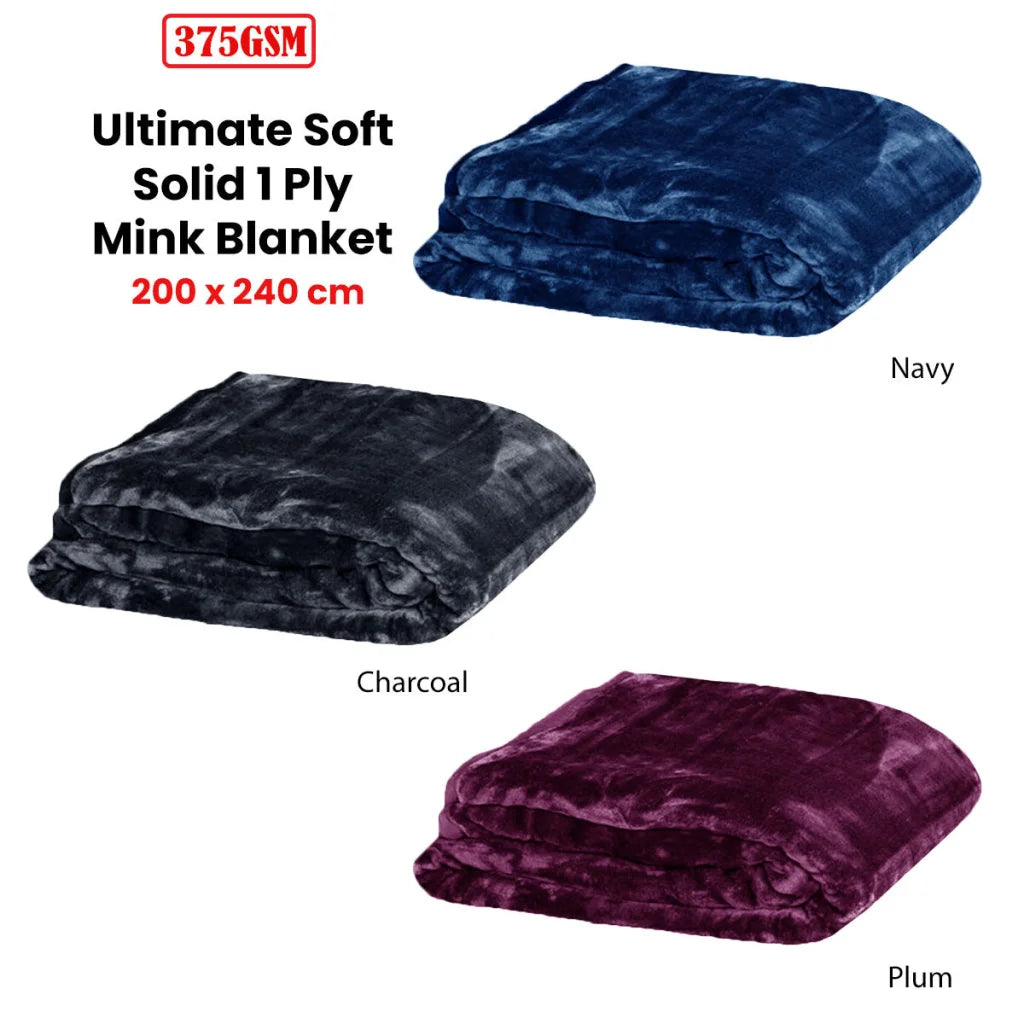 Faux Mink Blanket 375gsm 1 Ply Solid Queen 200x240cm