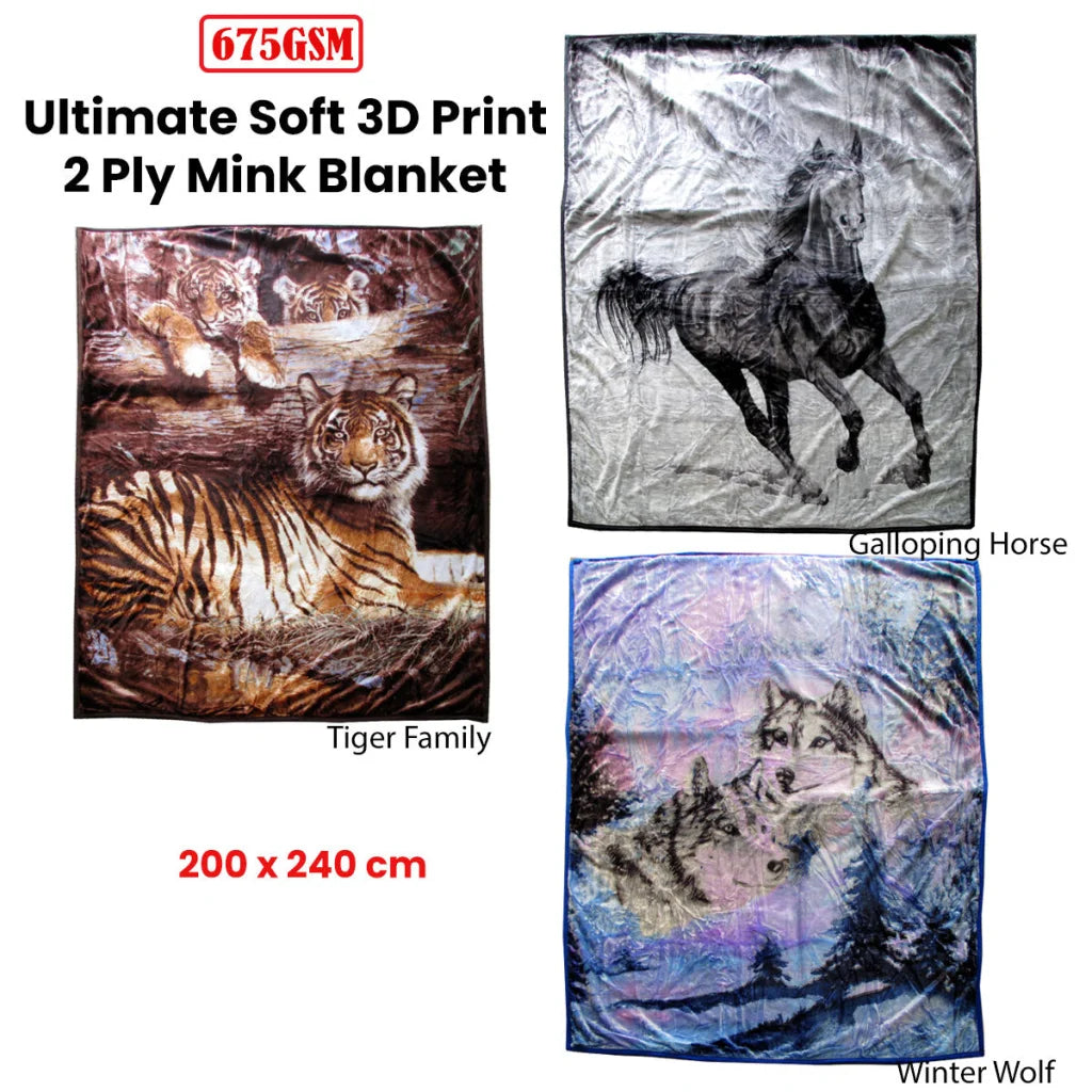 Faux Mink Blanket 675gsm 2 Ply 3D Print Queen 200x240cm