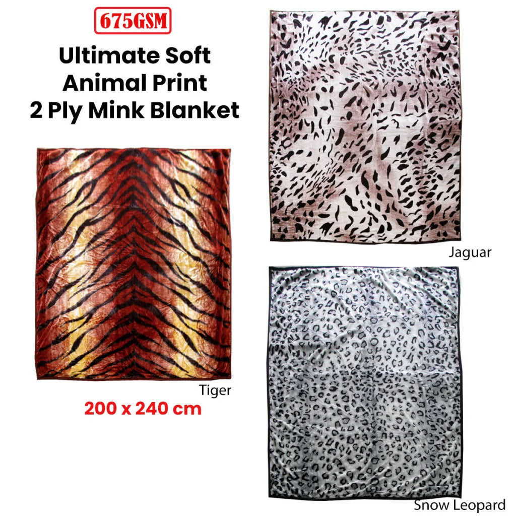 Faux Mink Blanket 675gsm 2 Ply Animal Print Queen 200x240cm