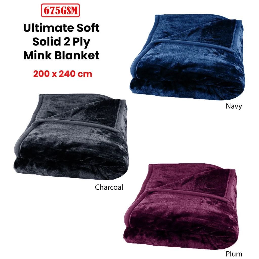 Faux Mink Blanket 675gsm 2 Ply Solid Queen 200x240cm Navy