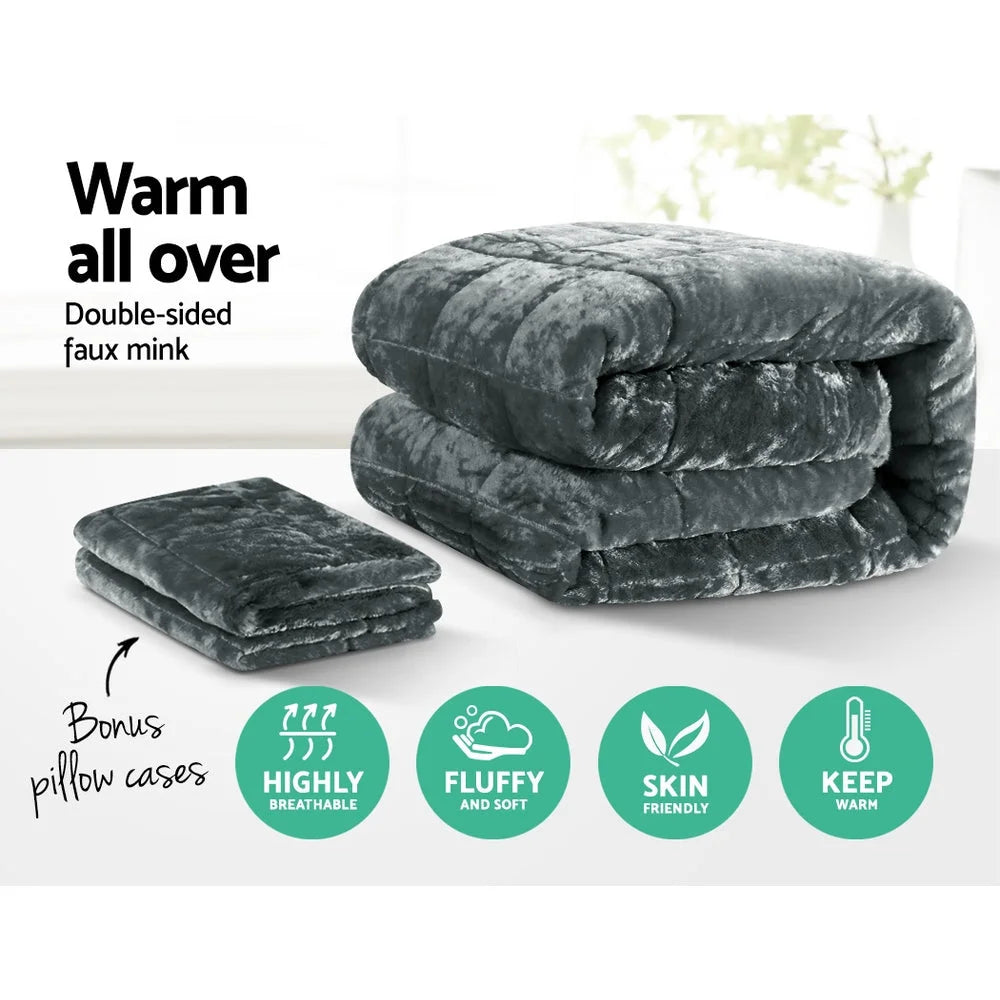 Charcoal quilt doona with white quilt fill and bound edge stitching