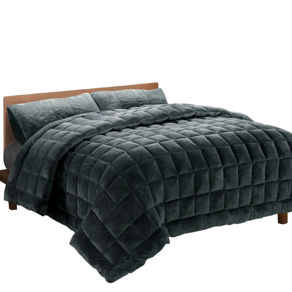 Charcoal quilt doona with quilted bedding surface and stitched edges