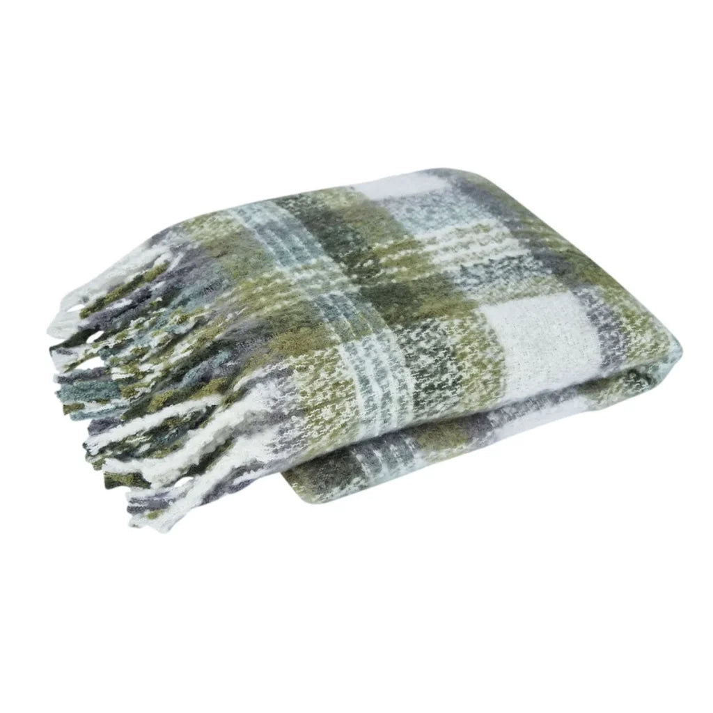 Faux Mohair Throw Rug J Elliot Home Olive Multi with Fringe