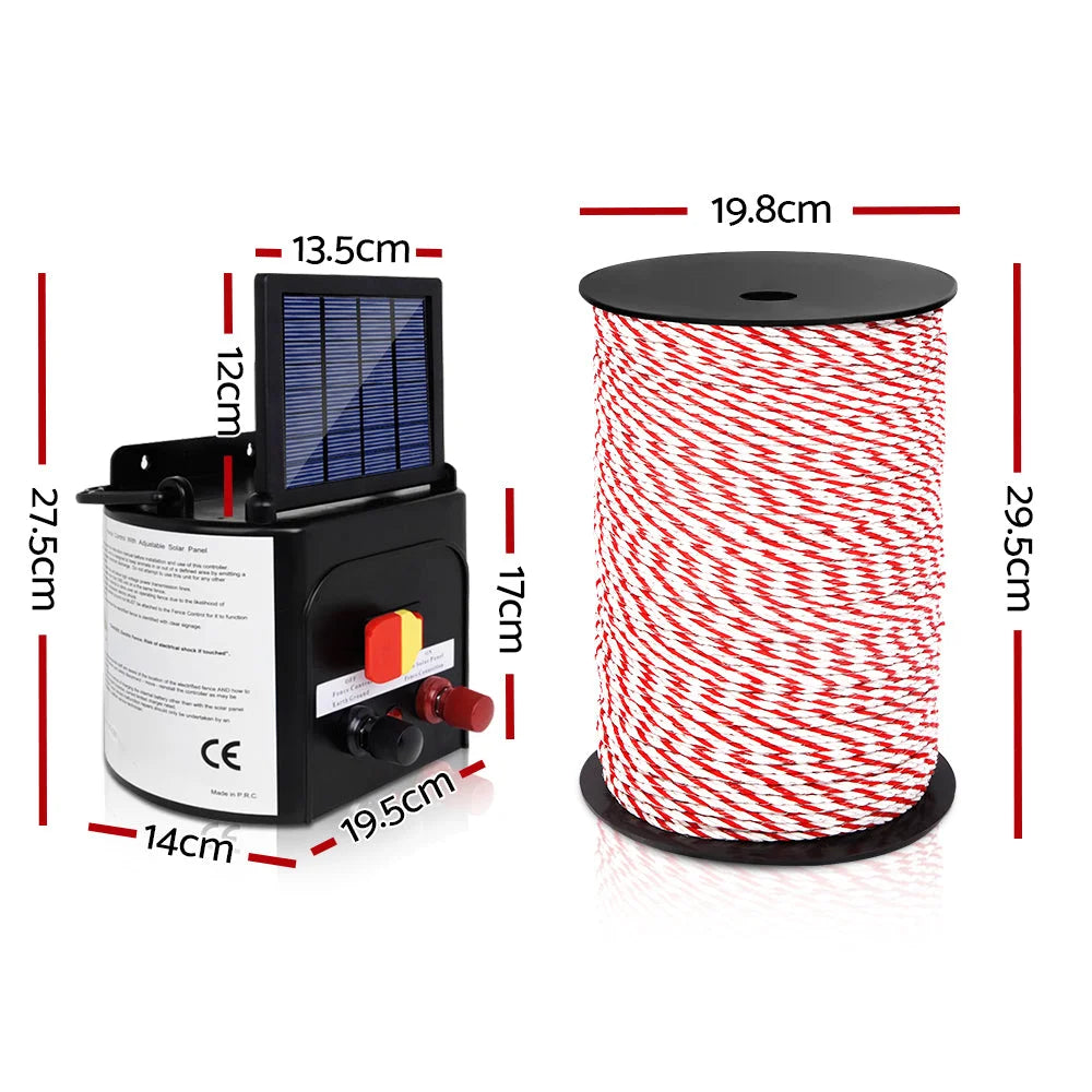 Fence Energiser Solar Powered Charger 5km + 500m Rope