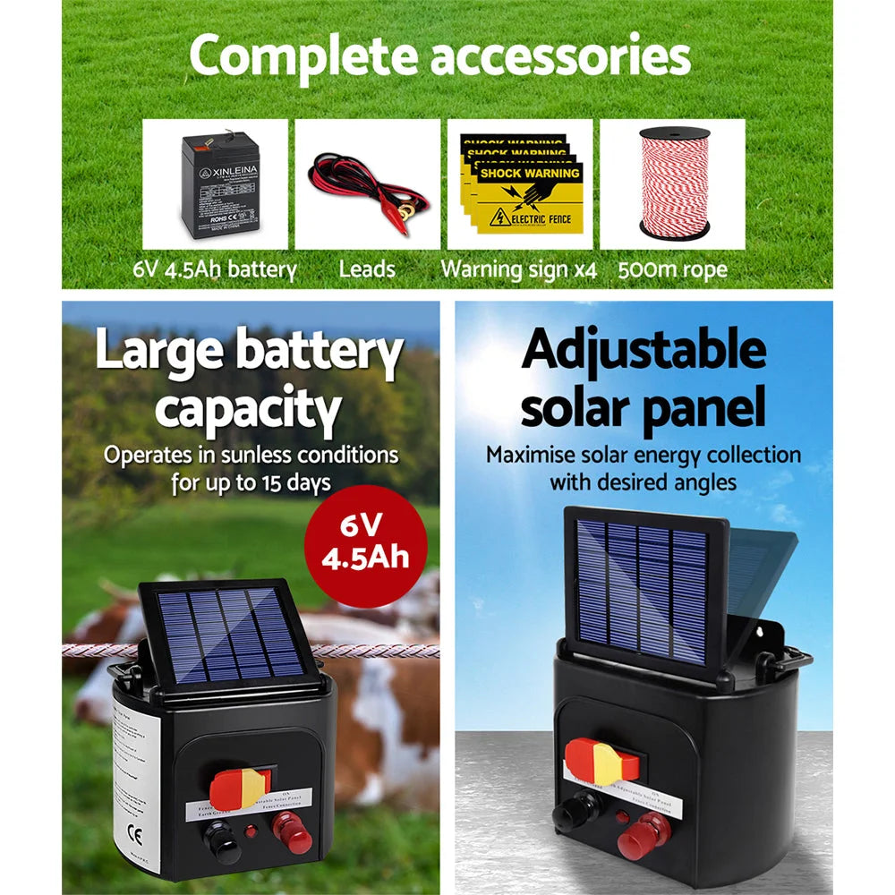 Fence Energiser Solar Powered Charger 5km + 500m Rope