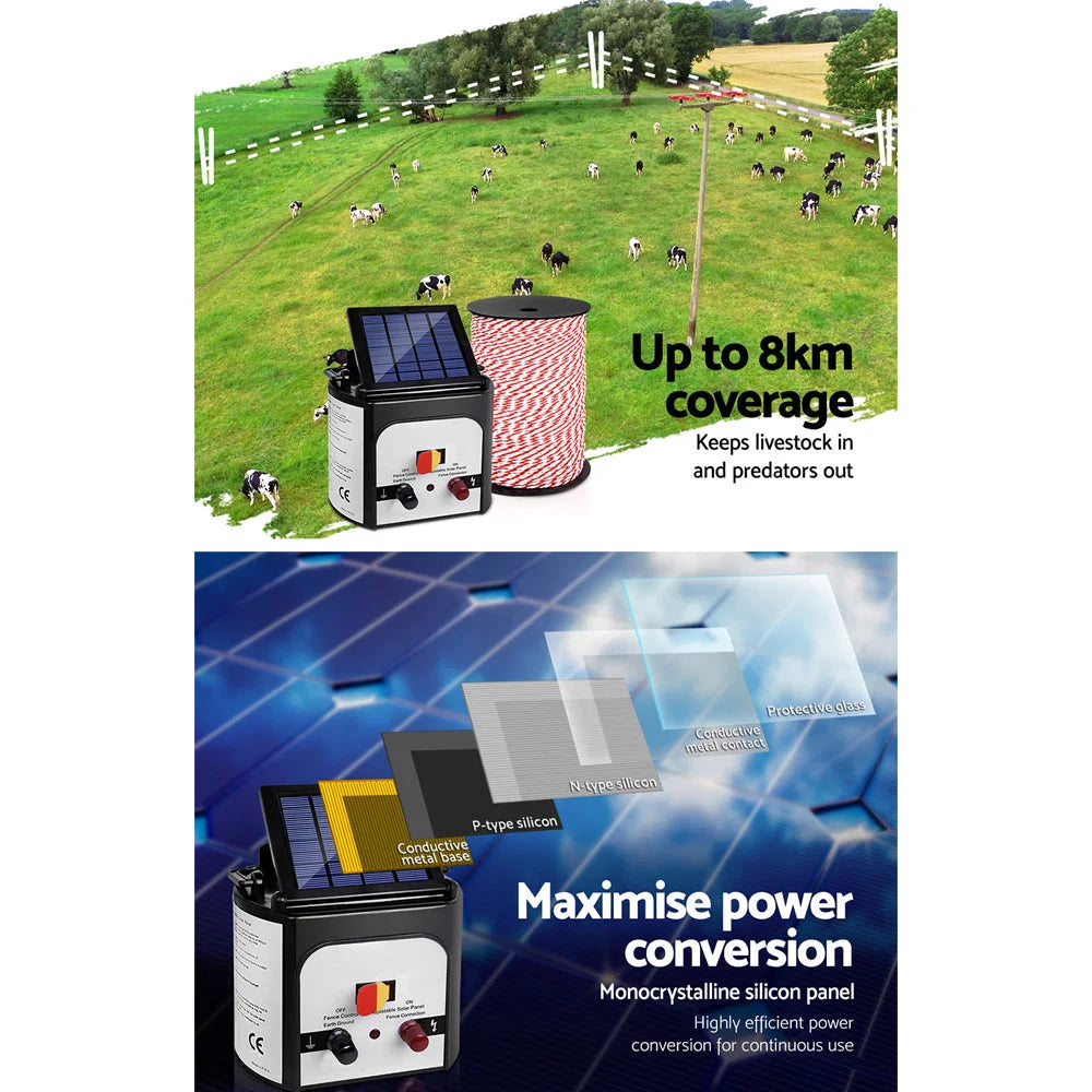 Fence Energiser Solar Powered Charger 8km + 500m Polytape