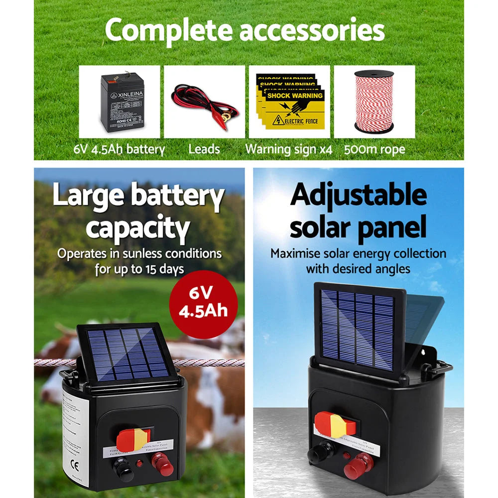Fence Energiser Solar Powered Energizer Charger 3km + 500m