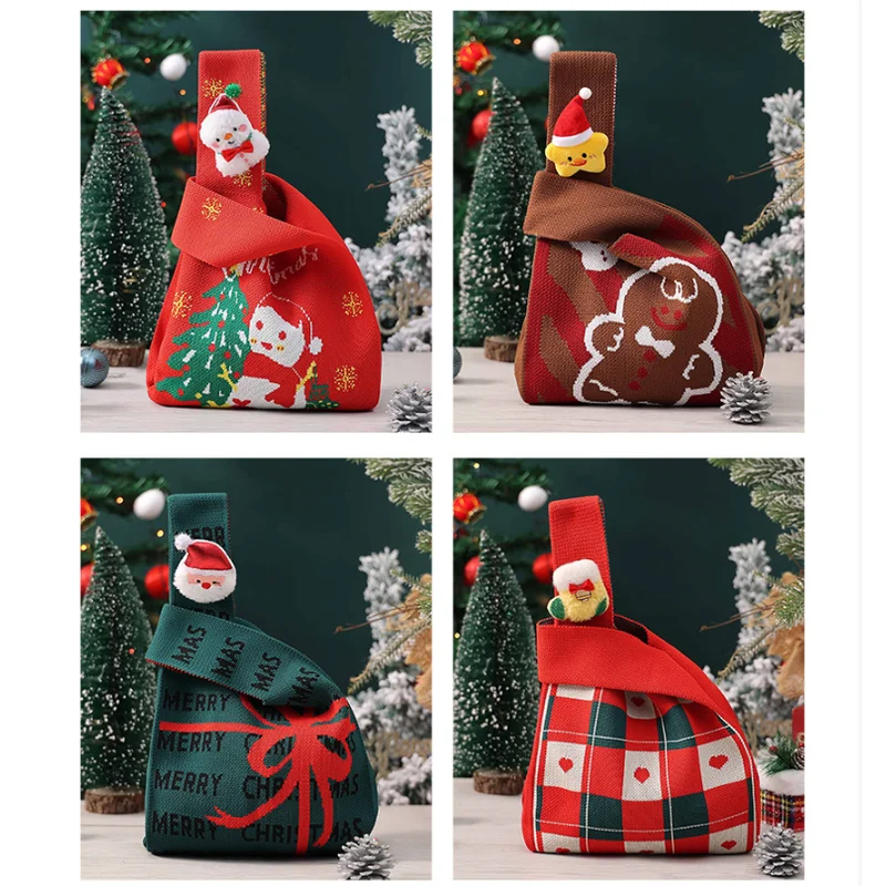 Festive 4-Piece Christmas Gift Bag Set - Adorable Knitted