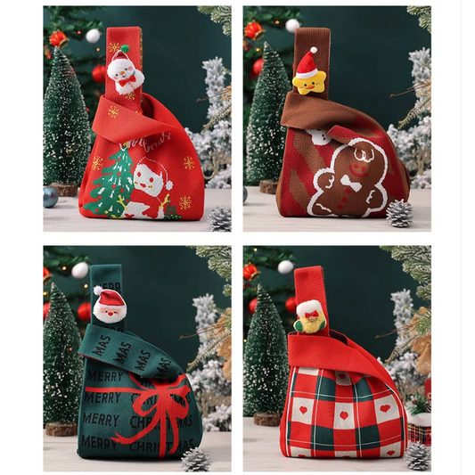 Festive 4-Piece Christmas Gift Bag Set - Adorable Knitted