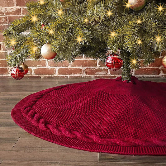 Festive Knit Christmas Tree Skirt - Acrylic Red Tree Mat