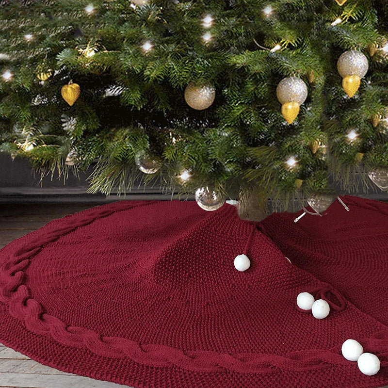 Festive Knit Christmas Tree Skirt - Acrylic Red Tree Mat