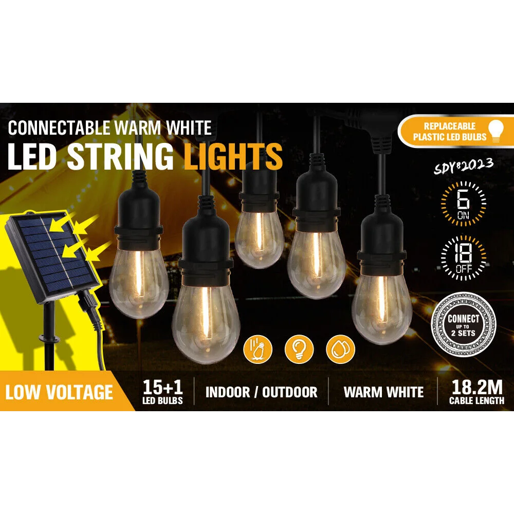 Festoon String Lights Solar Power 15 LED 18.2M Wedding